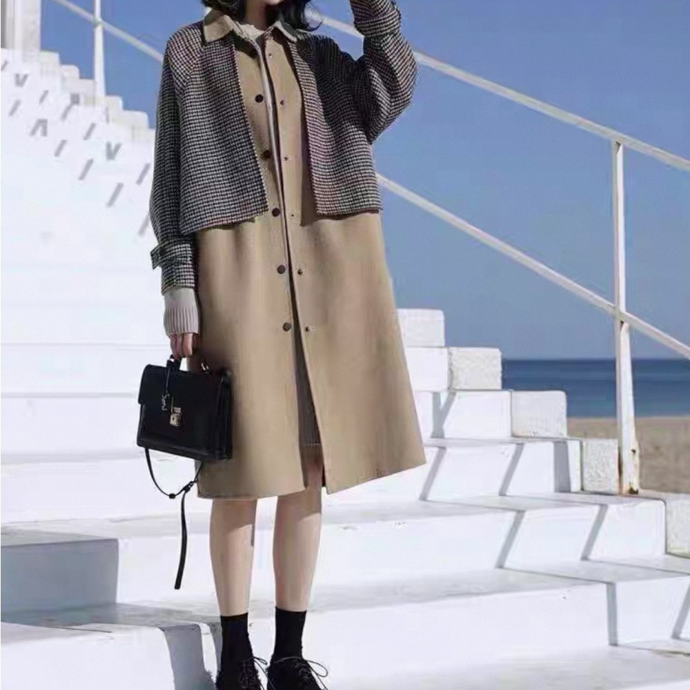 Stylish Tan and Black Long Coat
